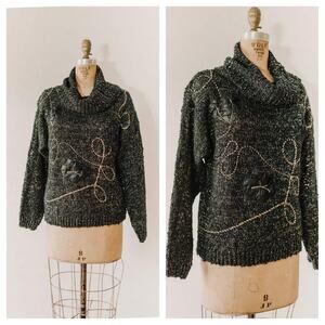 Vintage 80s 90s Black Gold Sparkle Chunky Knit Sweater, Cowl Neck, Women's Small